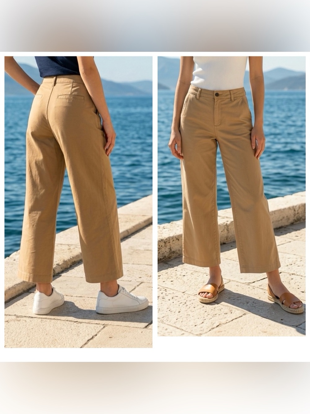 Ella Moss Women’s Sz 12 Cropped Wide-Leg high-rise Pants in Tan pockets stretch